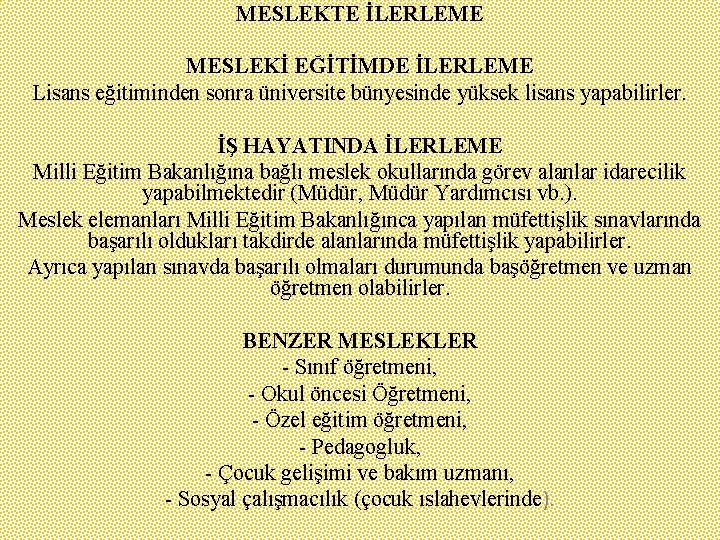 MESLEKTE İLERLEME MESLEKİ EĞİTİMDE İLERLEME Lisans eğitiminden sonra üniversite bünyesinde yüksek lisans yapabilirler. İŞ