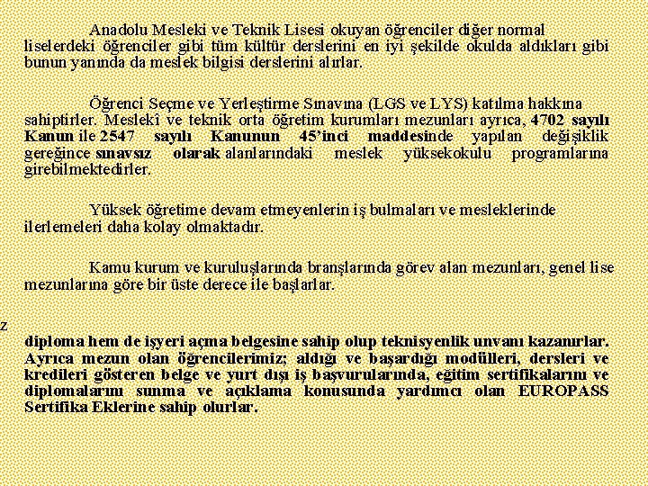 Anadolu Mesleki ve Teknik Lisesi okuyan öğrenciler diğer normal liselerdeki öğrenciler gibi tüm kültür