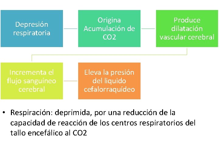 Depresión respiratoria Origina Acumulación de CO 2 Incrementa el flujo sanguíneo cerebral Eleva la Depresión respiratoria Origina Acumulación de CO 2 Incrementa el flujo sanguíneo cerebral Eleva la