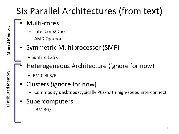 Shared Memory Six Parallel Architectures (from text) • Multi-cores – Intel Core 2 Duo