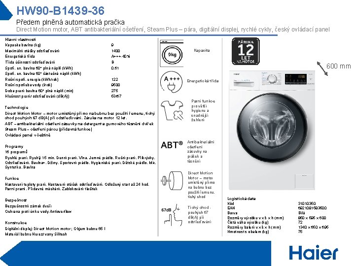 HW 90 -B 1439 -36 Předem plněná automatická pračka Direct Motion motor, ABT antibakteriální