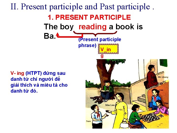 II. Present participle and Past participle. 1. PRESENT PARTICIPLE The boy reading a book II. Present participle and Past participle. 1. PRESENT PARTICIPLE The boy reading a book