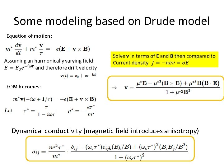 Some modeling based on Drude model Equation of motion: EOM becomes: Dynamical conductivity (magnetic Some modeling based on Drude model Equation of motion: EOM becomes: Dynamical conductivity (magnetic