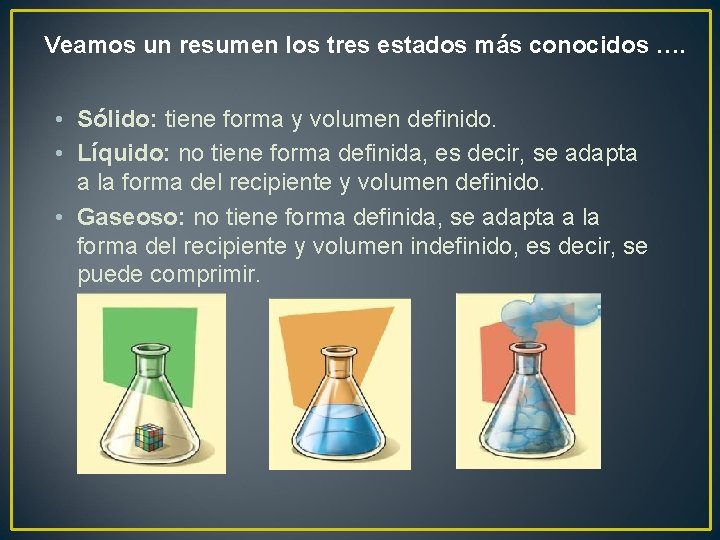 Veamos un resumen los tres estados más conocidos …. • Sólido: tiene forma y