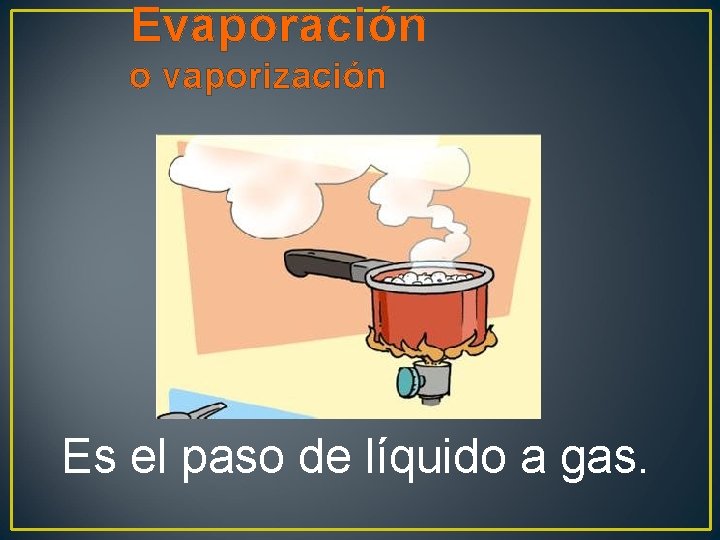 Evaporación o vaporización Es el paso de líquido a gas. 