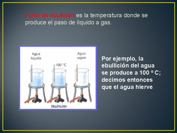 Punto de ebullición es la temperatura donde se produce el paso de líquido a