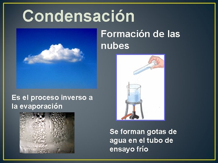 Condensación Formación de las nubes Es el proceso inverso a la evaporación Se forman