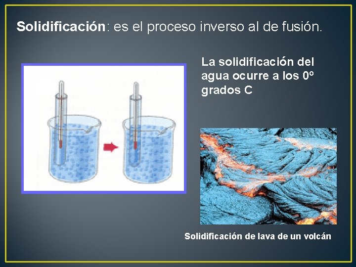 Solidificación: es el proceso inverso al de fusión. La solidificación del agua ocurre a
