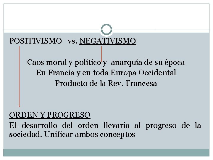 POSITIVISMO vs. NEGATIVISMO Caos moral y político y anarquía de su época En Francia