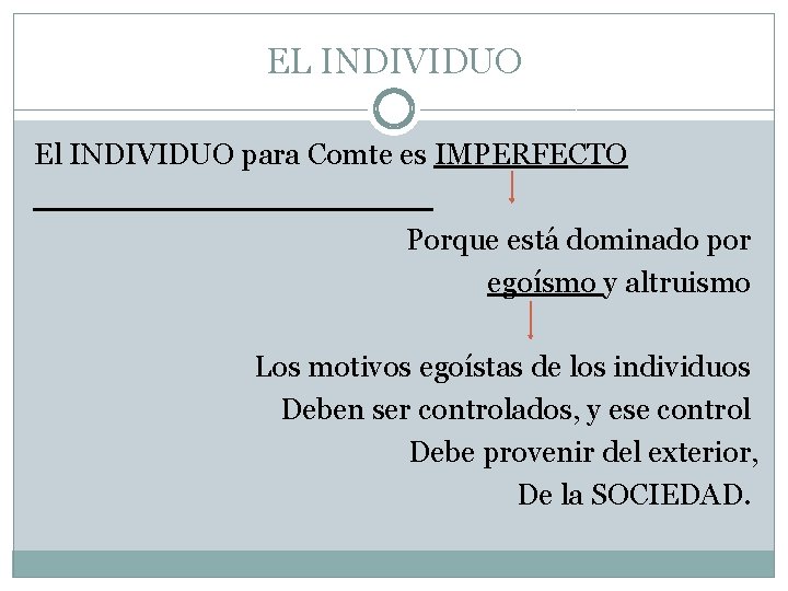 EL INDIVIDUO El INDIVIDUO para Comte es IMPERFECTO Porque está dominado por egoísmo y