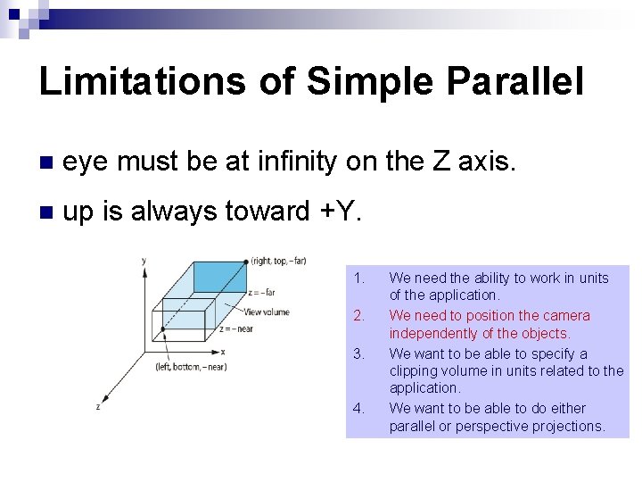 Limitations of Simple Parallel n eye must be at infinity on the Z axis.