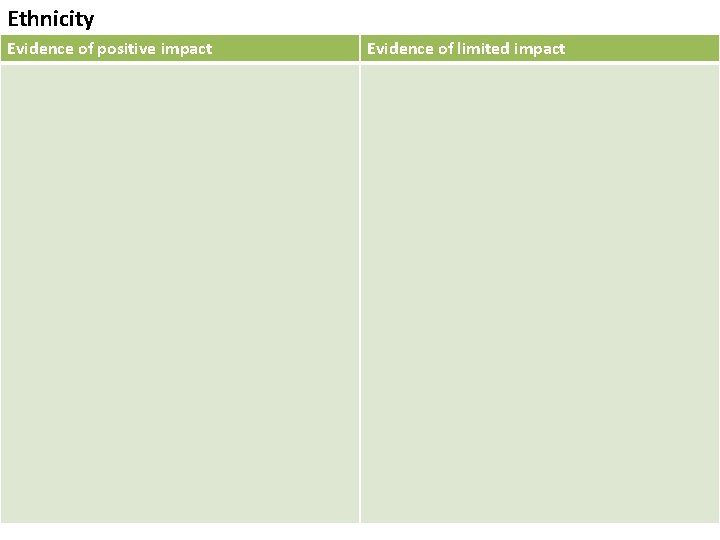 Ethnicity Evidence of positive impact Evidence of limited impact 