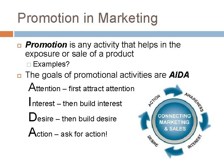 Promotion in Marketing Promotion is any activity that helps in the exposure or sale