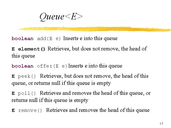 Queue<E> boolean add(E e) Inserts e into this queue E element() Retrieves, but does