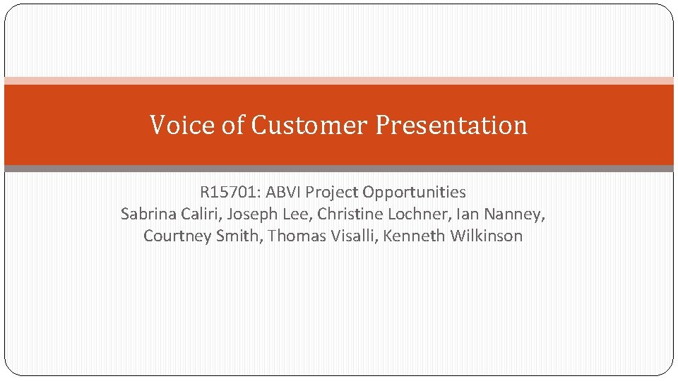 Voice of Customer Presentation R 15701: ABVI Project Opportunities Sabrina Caliri, Joseph Lee, Christine