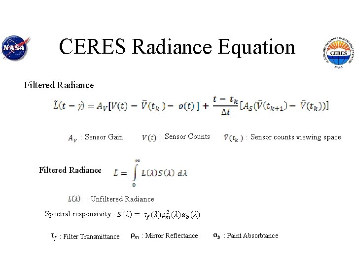 CERES Radiance Equation Filtered Radiance : Sensor Counts : Sensor Gain : Sensor counts