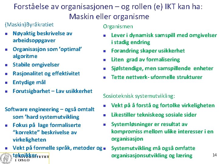 Forståelse av organisasjonen – og rollen (e) IKT kan ha: Maskin eller organisme (Maskin)Byråkratiet