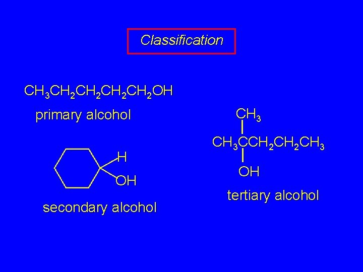 Classification CH 3 CH 2 CH 2 OH primary alcohol H OH secondary alcohol