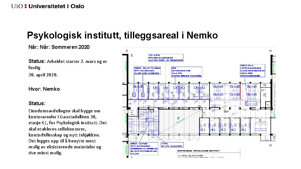 Psykologisk institutt, tilleggsareal i Nemko Når: Sommeren 2020 Status: Arbeidet starter 2. mars og