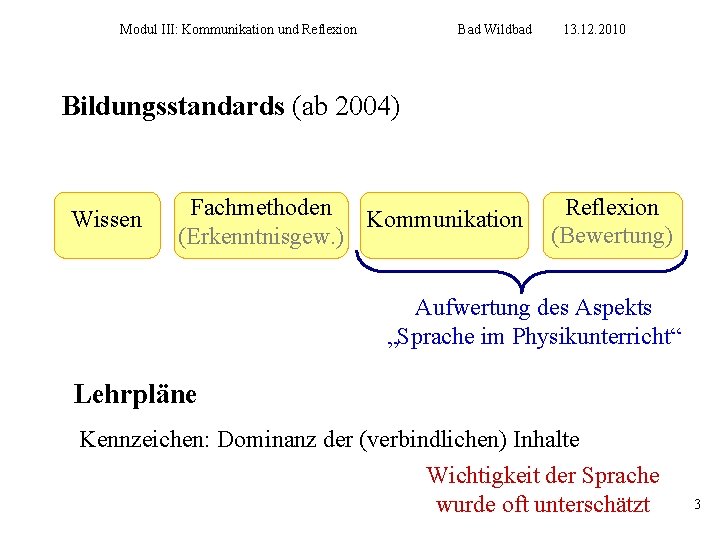 Modul III: Kommunikation und Reflexion Bad Wildbad 13. 12. 2010 Bildungsstandards (ab 2004) Wissen
