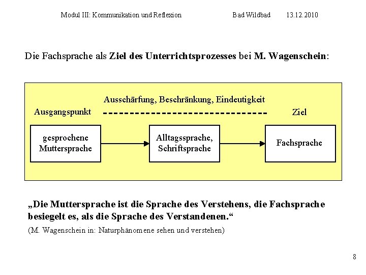 Modul III: Kommunikation und Reflexion Bad Wildbad 13. 12. 2010 Die Fachsprache als Ziel