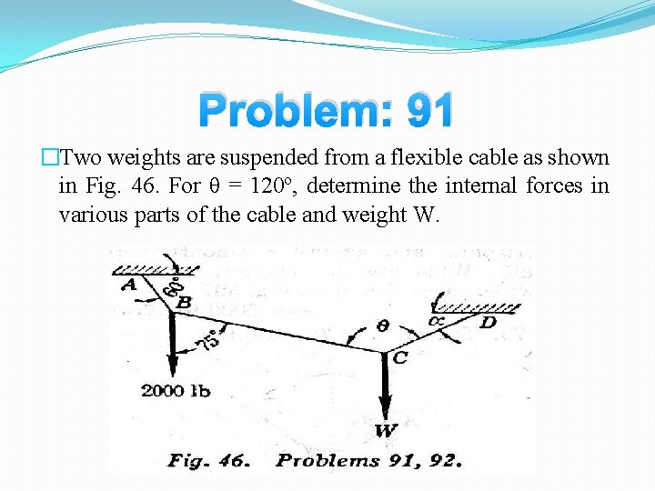 Problem: 91 �Two weights are suspended from a flexible cable as shown in Fig.