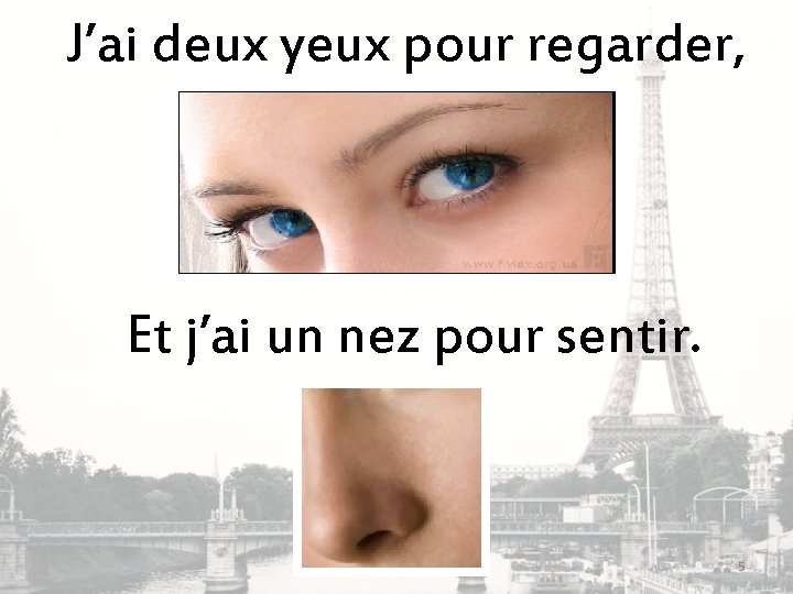 J’ai deux yeux pour regarder, Et j’ai un nez pour sentir. 5 