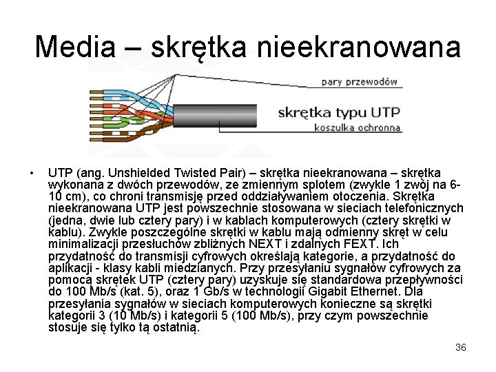 Media – skrętka nieekranowana • UTP (ang. Unshielded Twisted Pair) – skrętka nieekranowana –