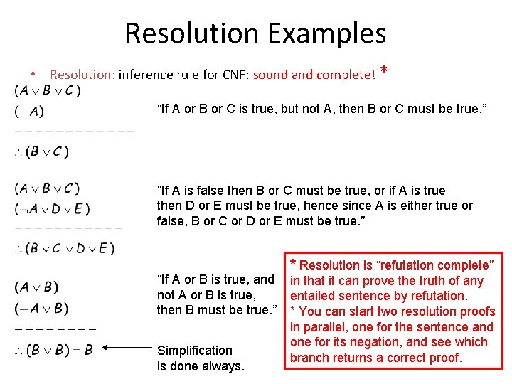 Resolution Examples • Resolution: inference rule for CNF: sound and complete! * “If A
