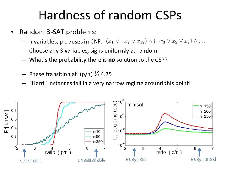 Hardness of random CSPs • Random 3 -SAT problems: – n variables, p clauses