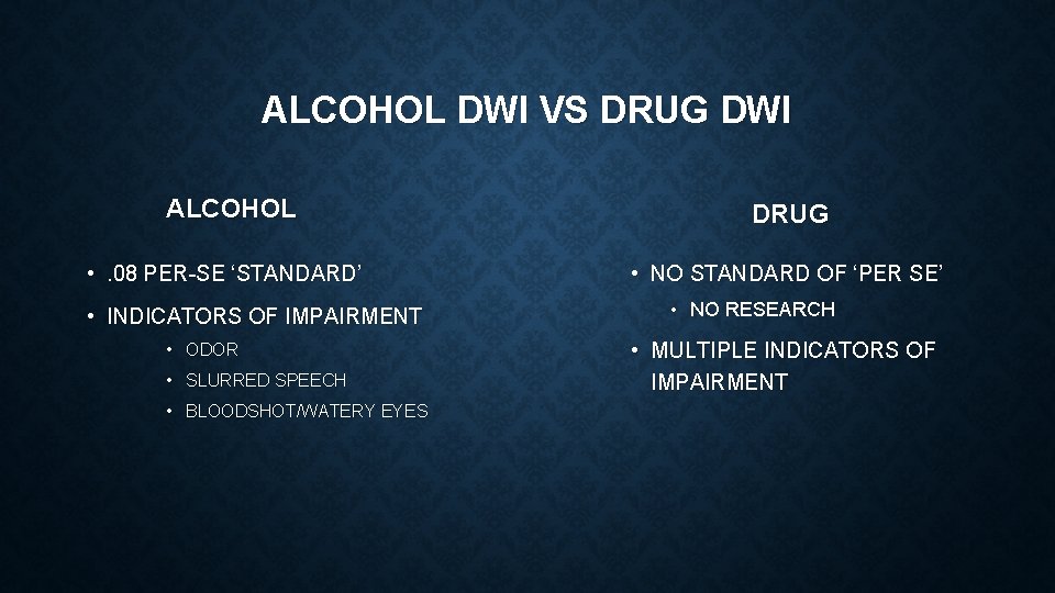 ALCOHOL DWI VS DRUG DWI ALCOHOL • . 08 PER-SE ‘STANDARD’ • INDICATORS OF