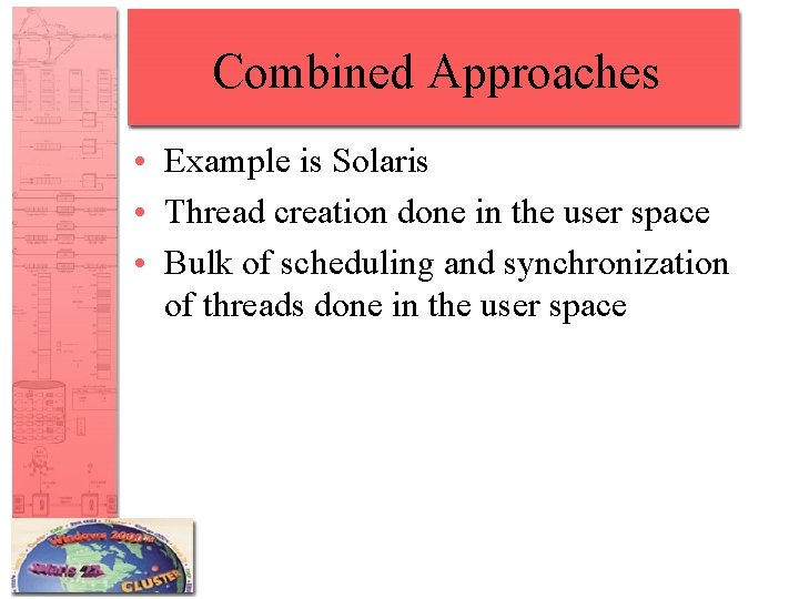 Combined Approaches • Example is Solaris • Thread creation done in the user space