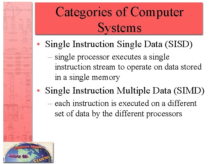 Categories of Computer Systems • Single Instruction Single Data (SISD) – single processor executes