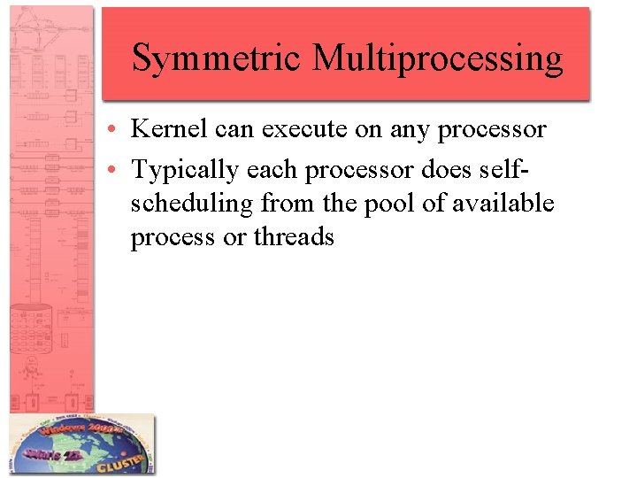 Symmetric Multiprocessing • Kernel can execute on any processor • Typically each processor does