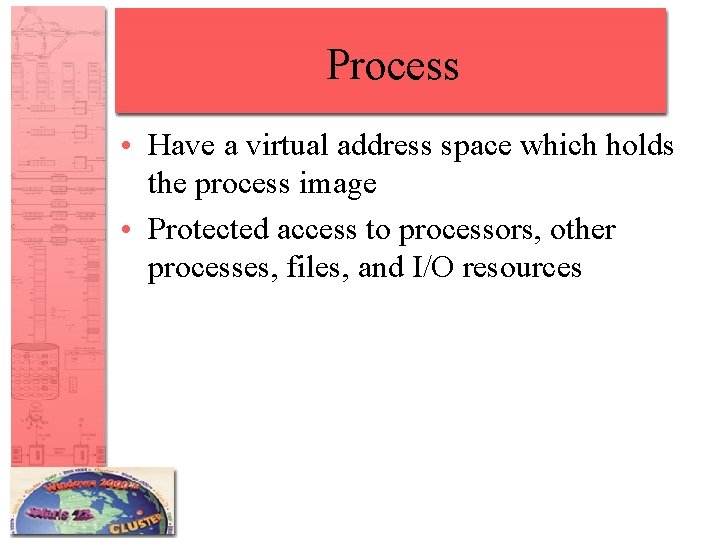 Process • Have a virtual address space which holds the process image • Protected