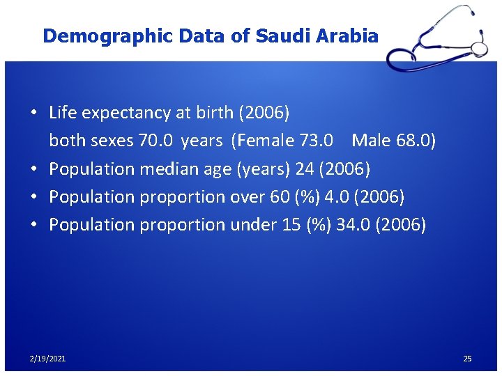 Demographic Data of Saudi Arabia • Life expectancy at birth (2006) both sexes 70.