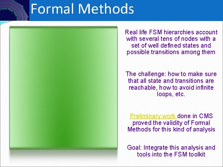 Controls Formal Methods Real life FSM hierarchies account with several tens of nodes with