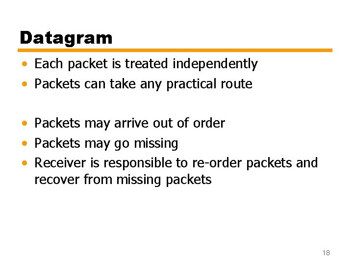 Datagram • Each packet is treated independently • Packets can take any practical route