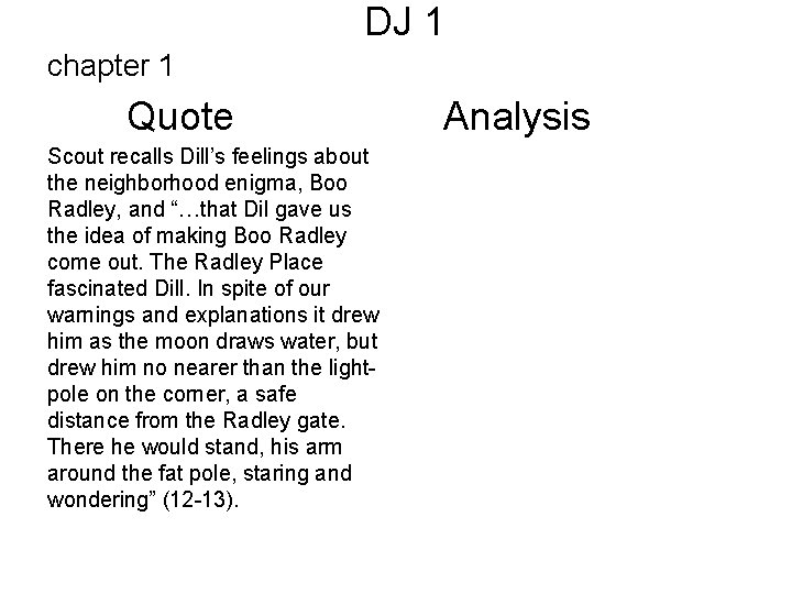 DJ 1 chapter 1 Quote Scout recalls Dill’s feelings about the neighborhood enigma, Boo