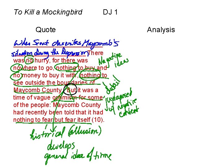 To Kill a Mockingbird DJ 1 Quote _____________ There was no hurry, for there