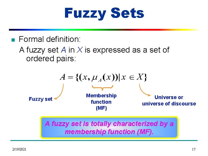 Fuzzy Sets n Formal definition: A fuzzy set A in X is expressed as