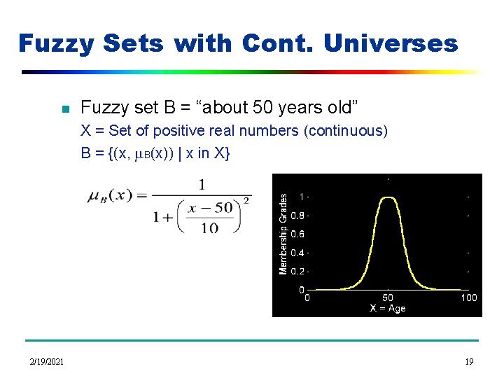 Fuzzy Sets with Cont. Universes n Fuzzy set B = “about 50 years old”