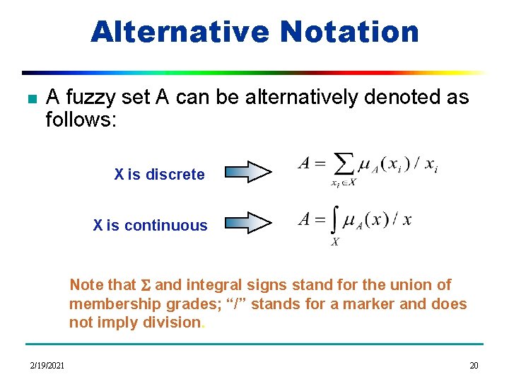 Alternative Notation n A fuzzy set A can be alternatively denoted as follows: X