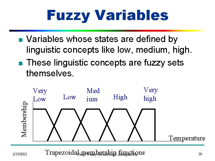 Fuzzy Variables n Membership n Variables whose states are defined by linguistic concepts like