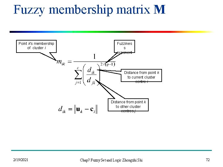 Fuzzy membership matrix M Point k’s membership of cluster i Fuzzines s exponent Distance