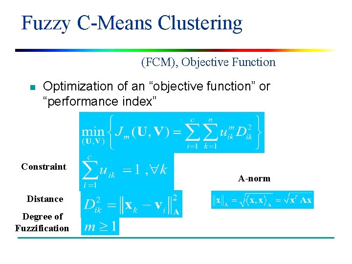 Fuzzy C-Means Clustering (FCM), Objective Function n Optimization of an “objective function” or “performance