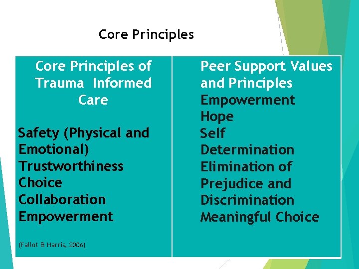 Core Principles of Trauma Informed Care Safety (Physical and Emotional) Trustworthiness Choice Collaboration Empowerment
