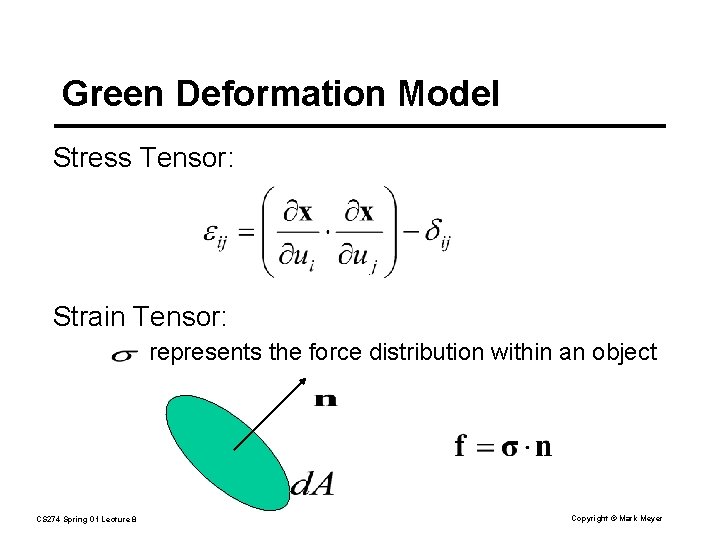 Green Deformation Model Stress Tensor: Strain Tensor: represents the force distribution within an object