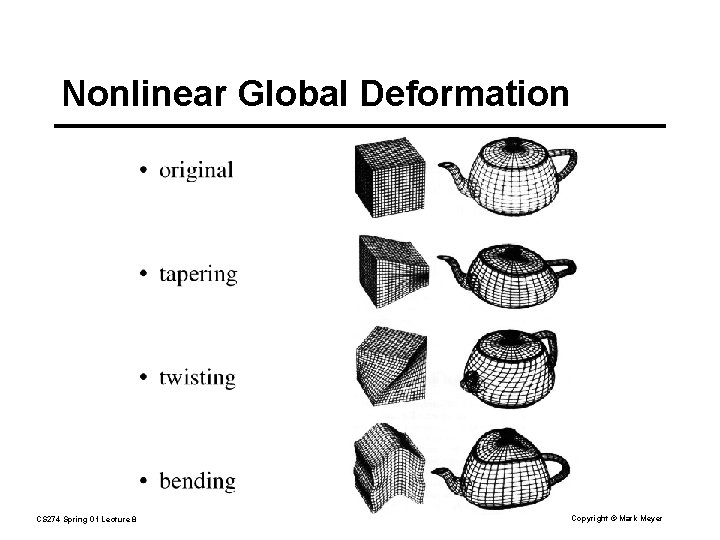 Nonlinear Global Deformation CS 274 Spring 01 Lecture 8 Copyright © Mark Meyer 