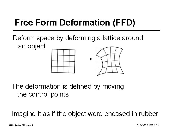 Free Form Deformation (FFD) Deform space by deforming a lattice around an object The